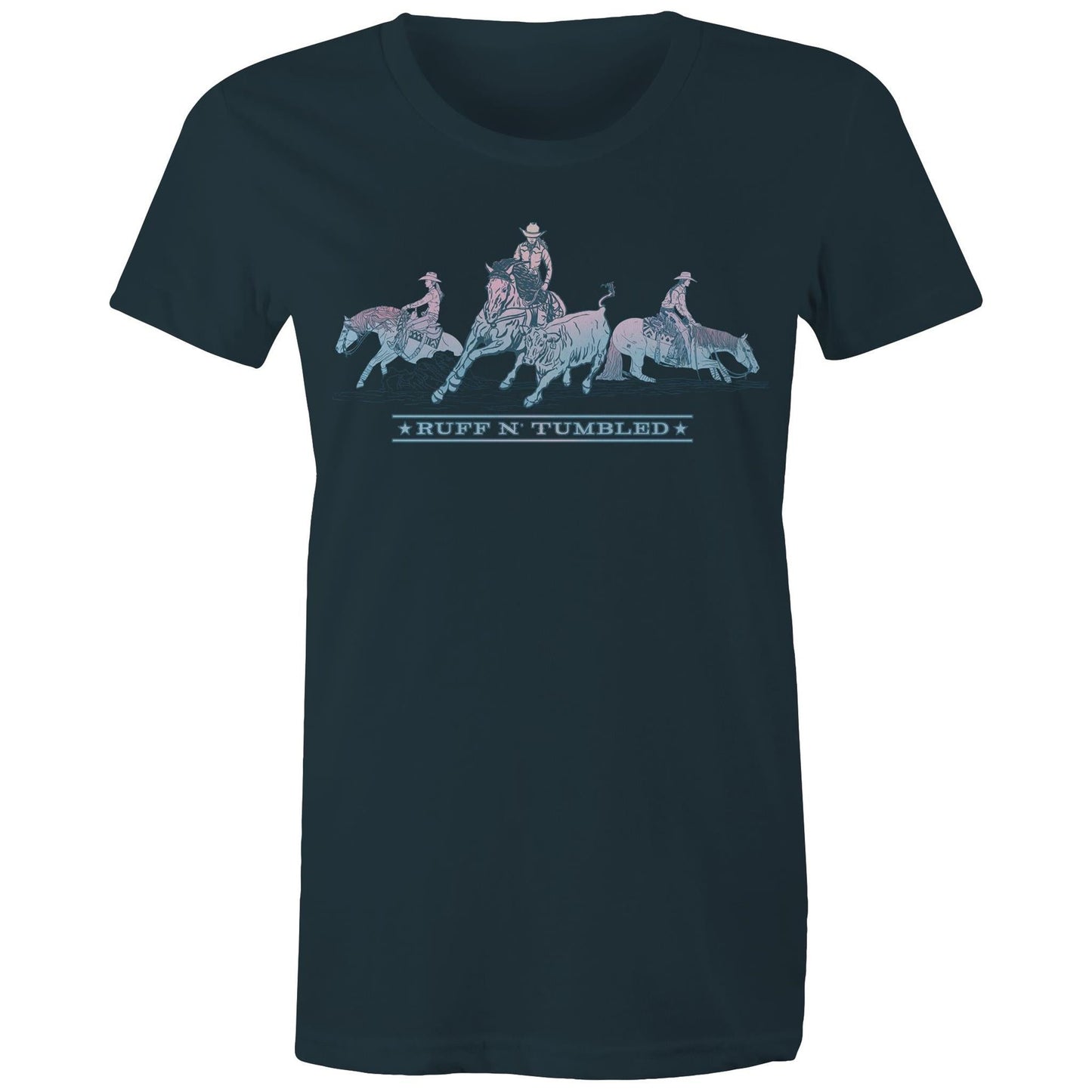 Reined Cow Horse Trio (Blue Print) - Womens T-Shirt